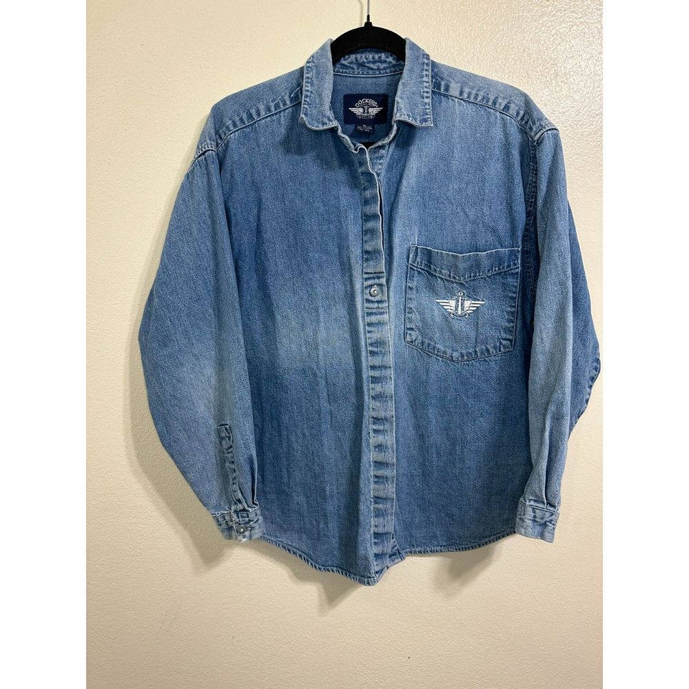 Dockers BOHO Women's Denim Embroidered Logo Button Up Long Sleeve Shirt, Size M